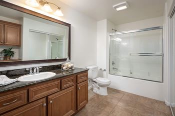 a bathroom with a large mirror and a toilet and a sink